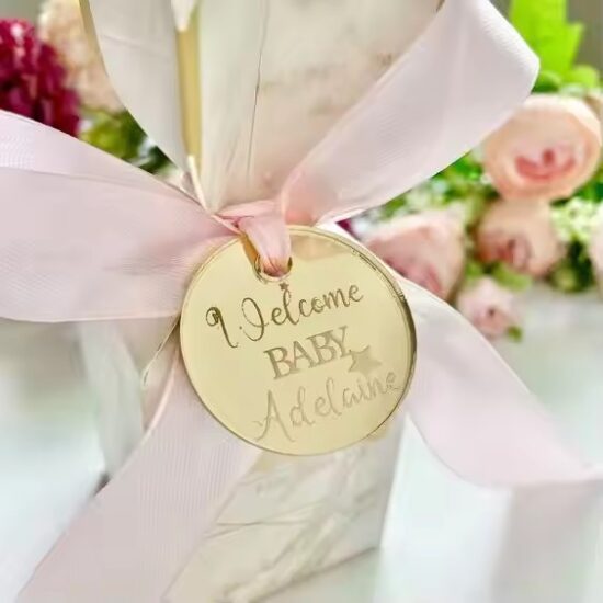 Custom round acrylic tags in various finishes and colors