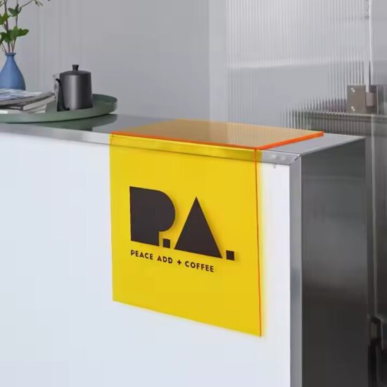 Custom L-Shaped Acrylic Desk Display Sign with Printed Branding and Text