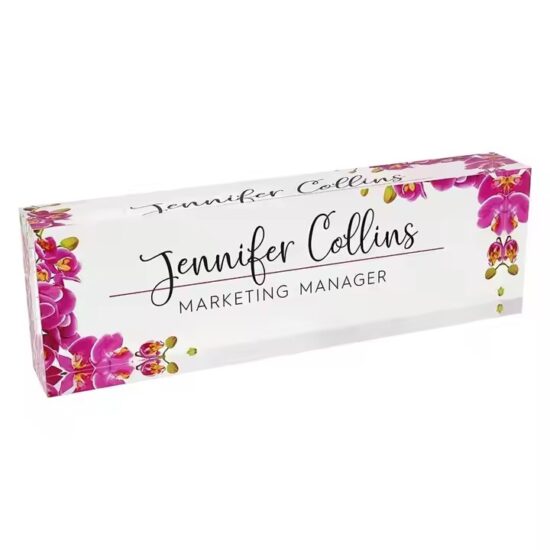 Premium clear acrylic desk name plate with personalized print