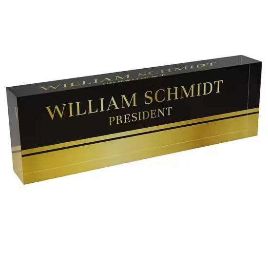 Premium clear acrylic desk name plate with personalized print