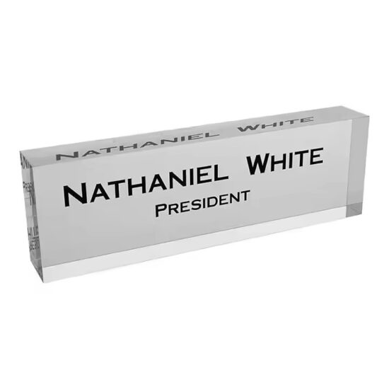Premium clear acrylic desk name plate with personalized print
