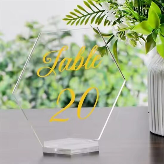 Clear Acrylic Wedding Table Signs with Floral Design