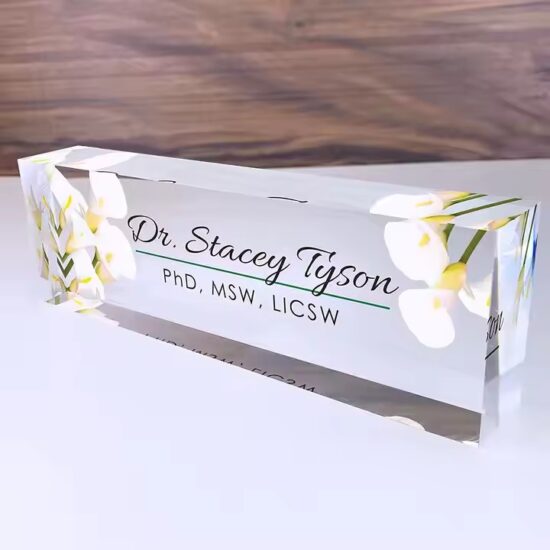 Acrylic office desk name plate with floral design