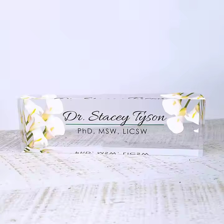 Acrylic office desk name plate with floral design