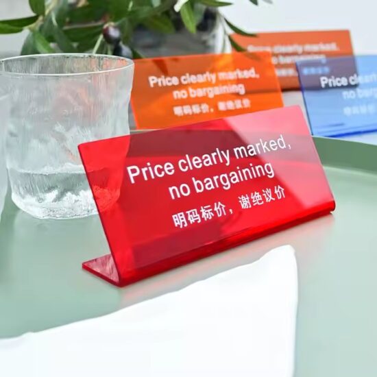 L-Shaped Clear Acrylic Desk Price Sign with Custom Printed Text and Graphics