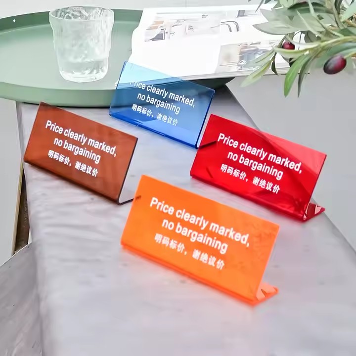 L-Shaped Clear Acrylic Desk Price Sign with Custom Printed Text and Graphics