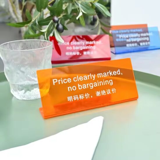 L-Shaped Clear Acrylic Desk Price Sign with Custom Printed Text and Graphics