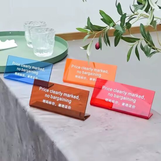 L-Shaped Clear Acrylic Desk Price Sign with Custom Printed Text and Graphics