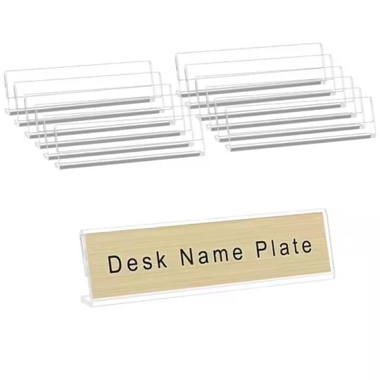 L-shaped clear acrylic desk name plate with custom printing
