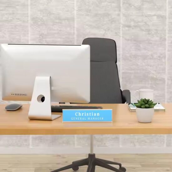 L-shaped clear acrylic desk name plate with custom printing