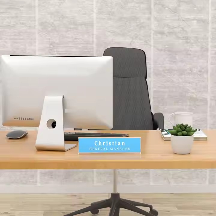 L-shaped clear acrylic desk name plate with custom printing