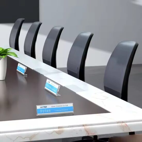 L-shaped clear acrylic desk name plate with custom printing