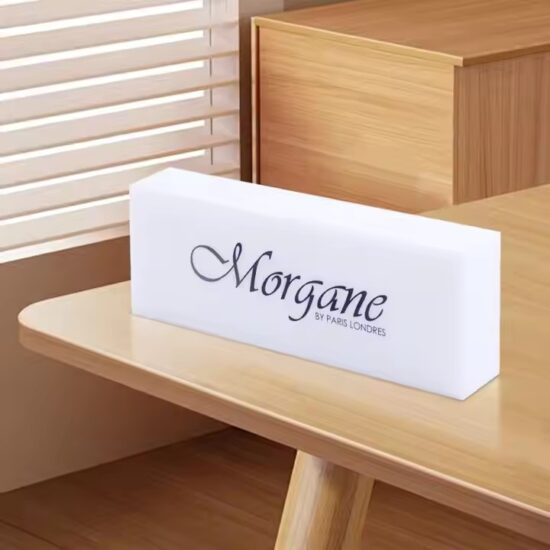 White acrylic office desk name plate with customized text