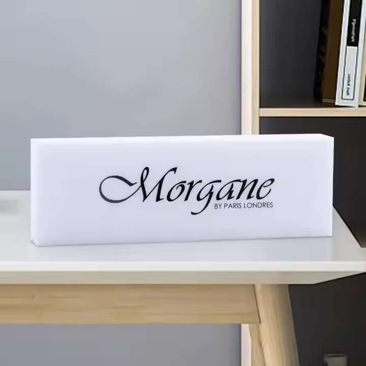 White acrylic office desk name plate with customized text