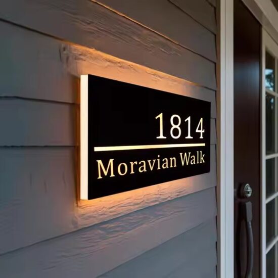 Outdoor illuminated acrylic house sign with LED lighting
