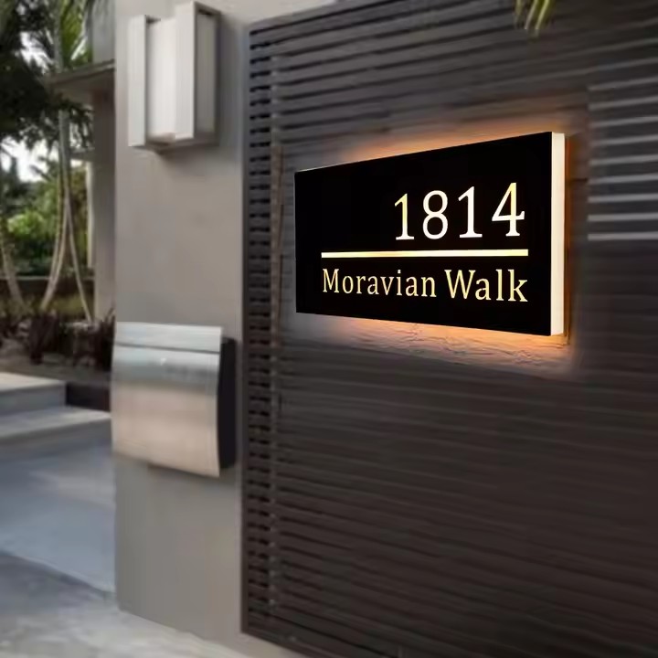 Outdoor illuminated acrylic house sign with LED lighting