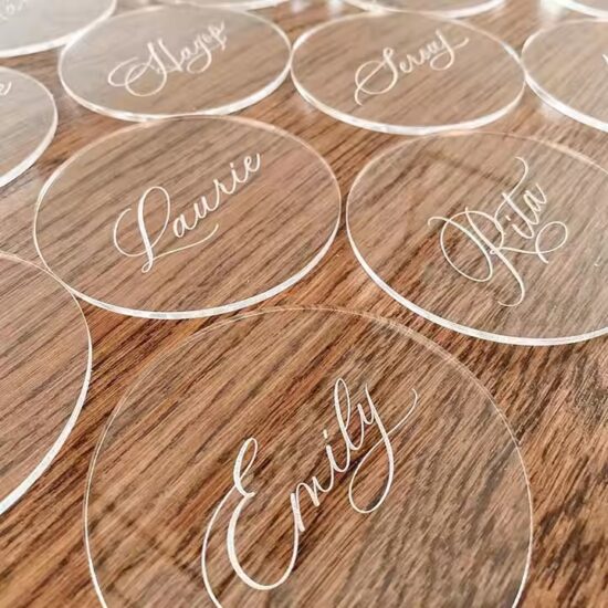 Personalized acrylic name tags for wedding guests