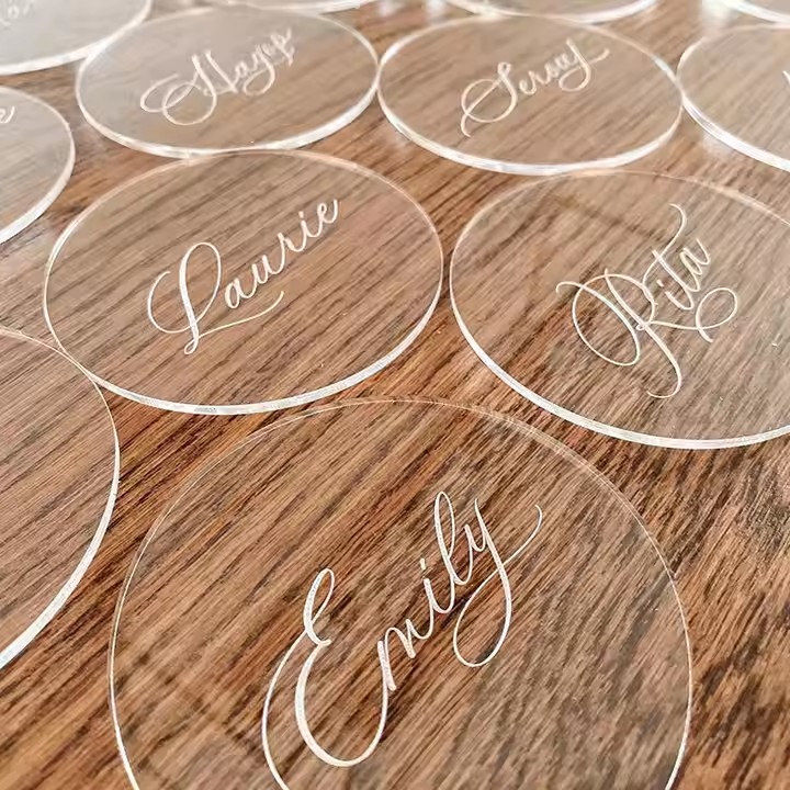 Personalized acrylic name tags for wedding guests