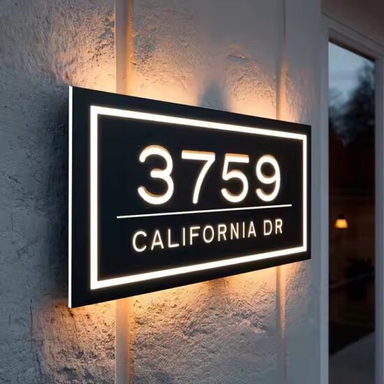Outdoor reflective backlit acrylic address sign with LED lighting