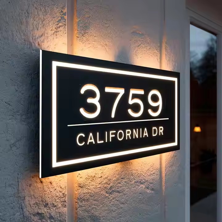Outdoor reflective backlit acrylic address sign with LED lighting