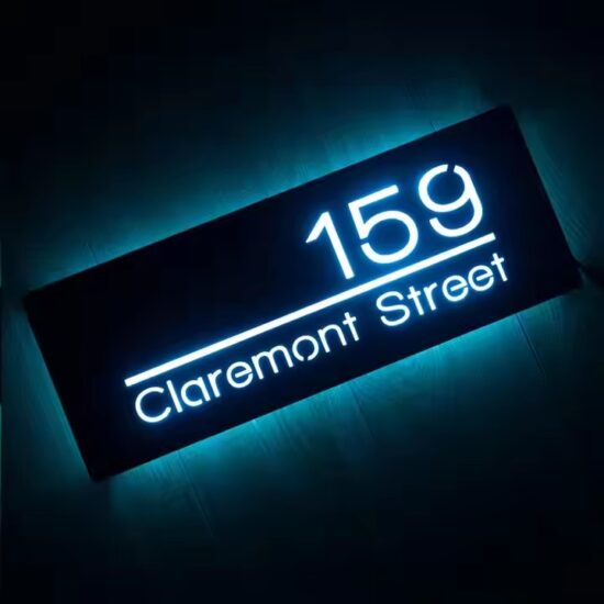Outdoor reflective backlit acrylic address sign with LED lighting