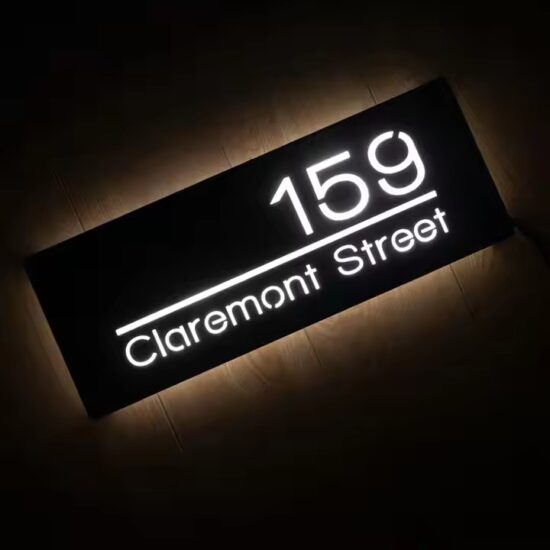 Outdoor reflective backlit acrylic address sign with LED lighting