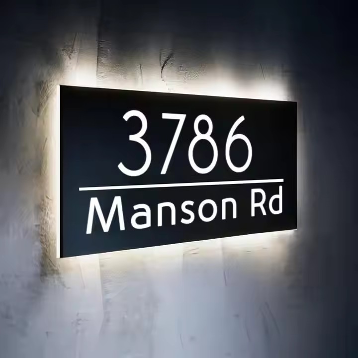Outdoor reflective backlit acrylic address sign with LED lighting