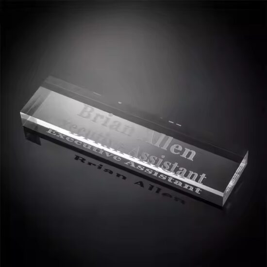Custom eco-friendly clear acrylic desk name plate with personalized text