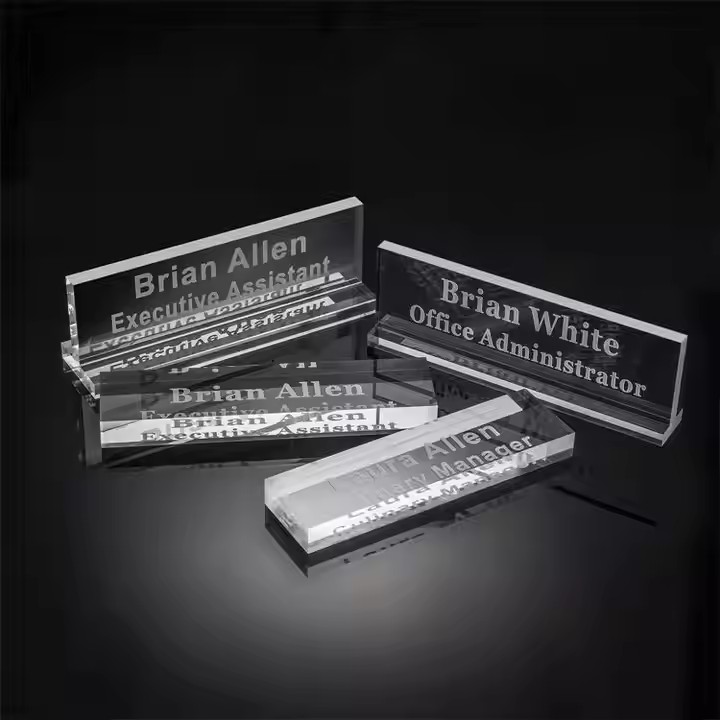 Custom eco-friendly clear acrylic desk name plate with personalized text