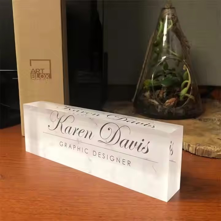Premium clear acrylic office desk name plate with custom design