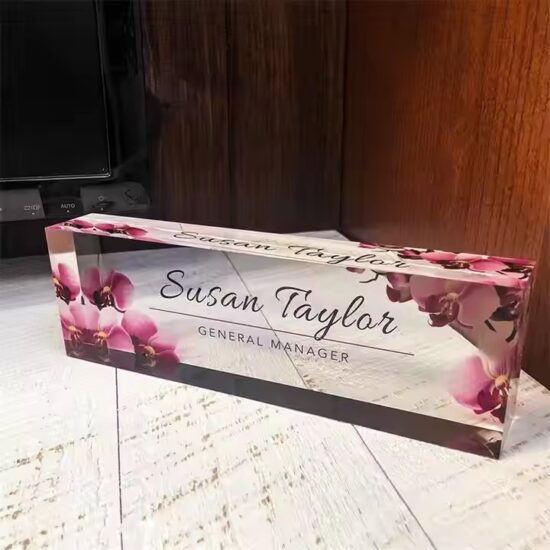 Premium clear acrylic office desk name plate with custom design