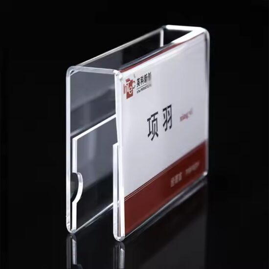 Custom acrylic desk name plate with business logo and employee name