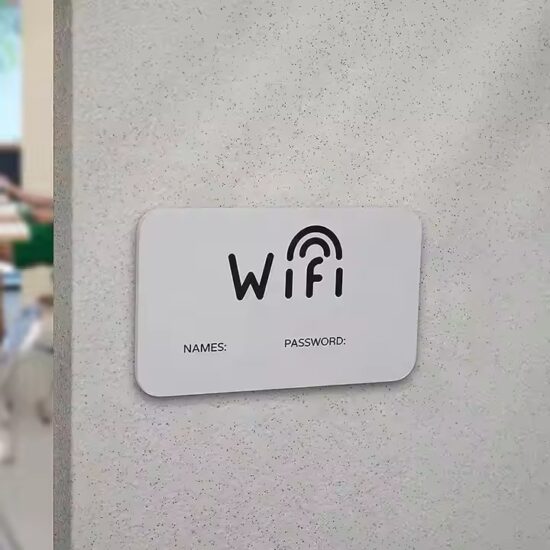 Custom hotel acrylic WiFi sign with engraved password and room info