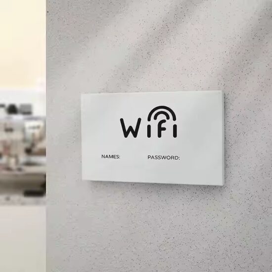 Custom hotel acrylic WiFi sign with engraved password and room info