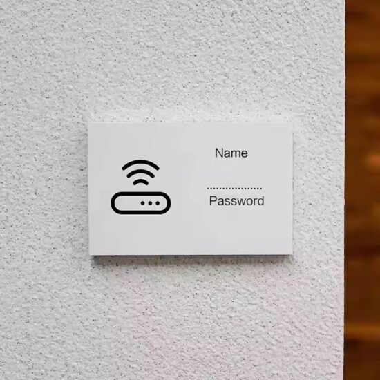 Custom hotel acrylic WiFi sign with engraved password and room info