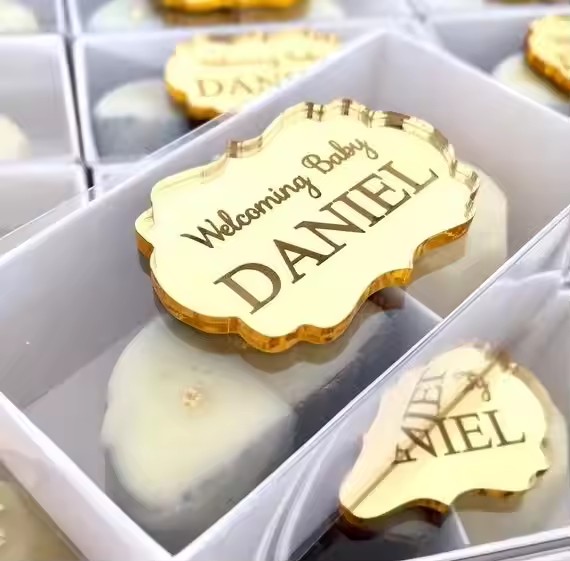 Custom acrylic tags in various shapes for cake gift packaging