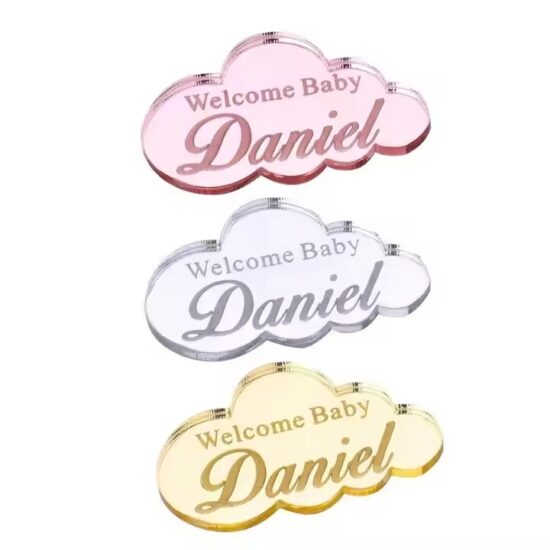Custom acrylic tags in various shapes for cake gift packaging