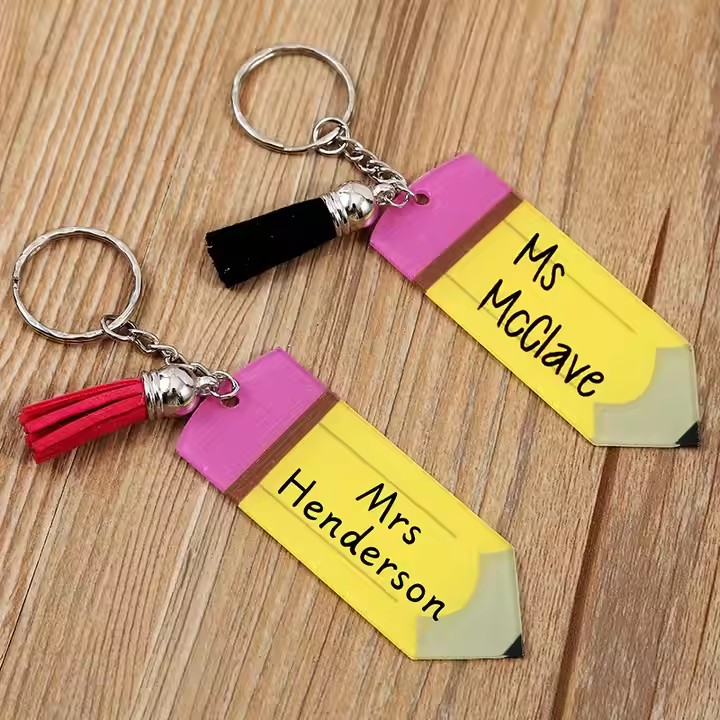 Custom pencil-shaped acrylic tags for keychain or branding