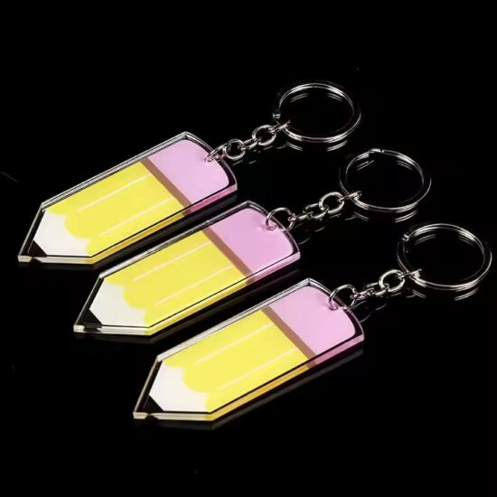 Custom pencil-shaped acrylic tags for keychain or branding