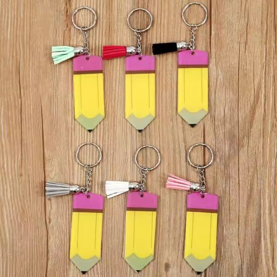 Custom pencil-shaped acrylic tags for keychain or branding