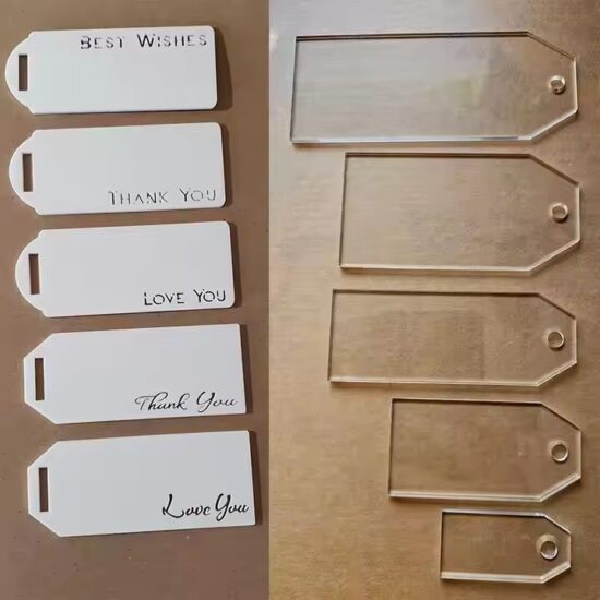 Custom acrylic wedding place cards with guest names and unique shapes