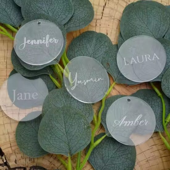Custom-shaped acrylic gift tags with names and logos