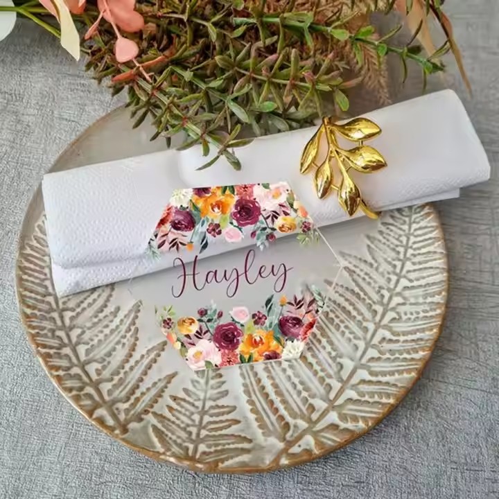 Custom acrylic tags in personalized shapes for weddings and events