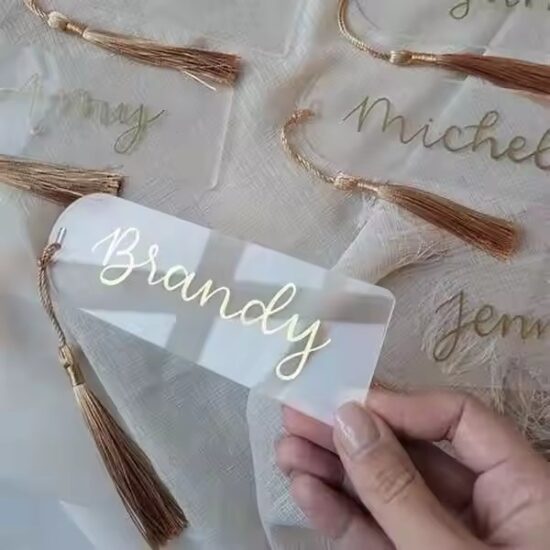 Custom acrylic tags in personalized shapes for weddings and events