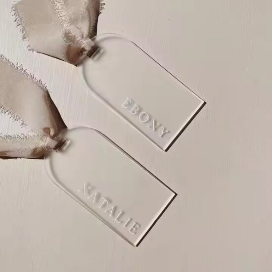 Custom acrylic tags in personalized shapes for weddings and events