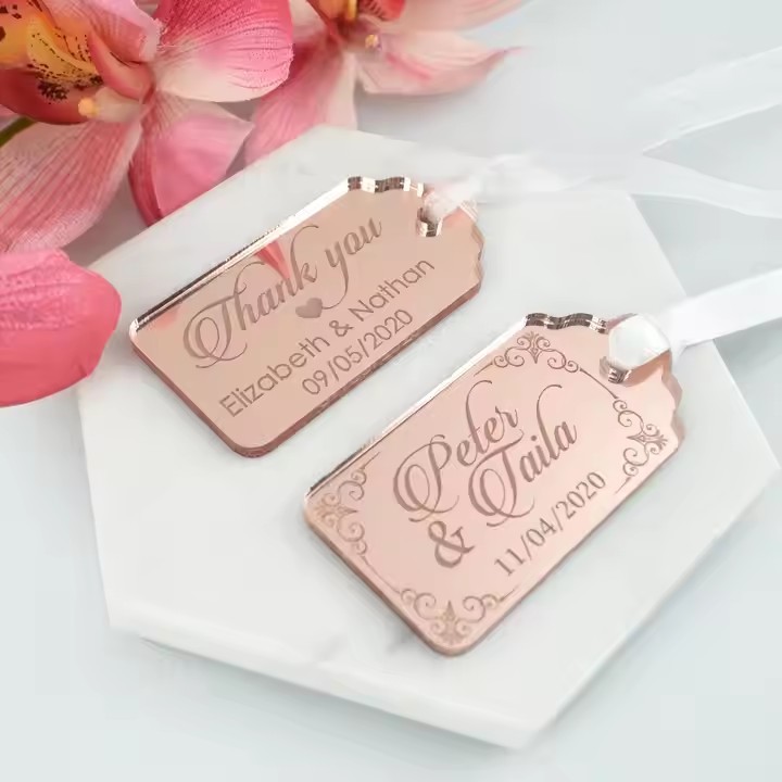 Custom engraved acrylic wedding gift tags in assorted shapes