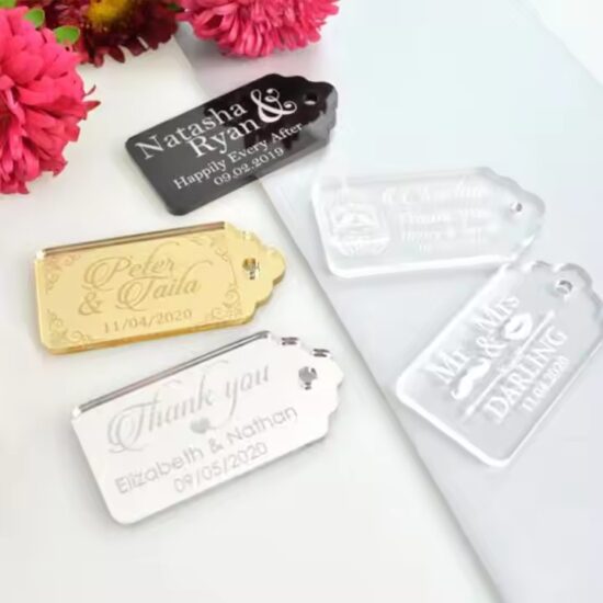 Custom engraved acrylic wedding gift tags in assorted shapes