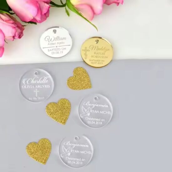 Custom-shaped acrylic wedding gift tags with names