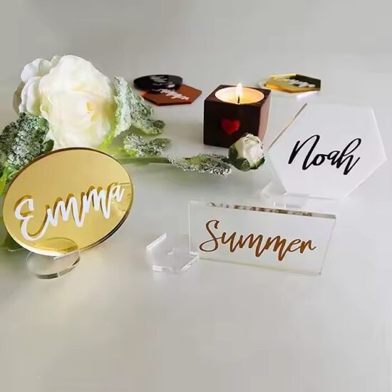 Custom-shaped acrylic name tags for wedding and event seating