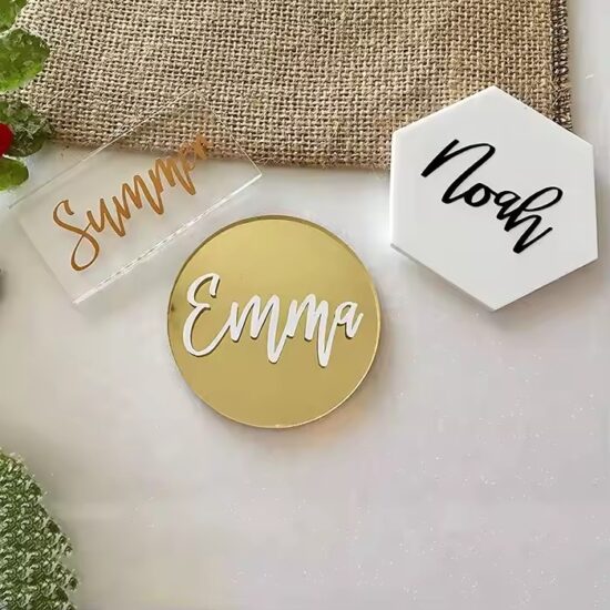 Custom-shaped acrylic name tags for wedding and event seating